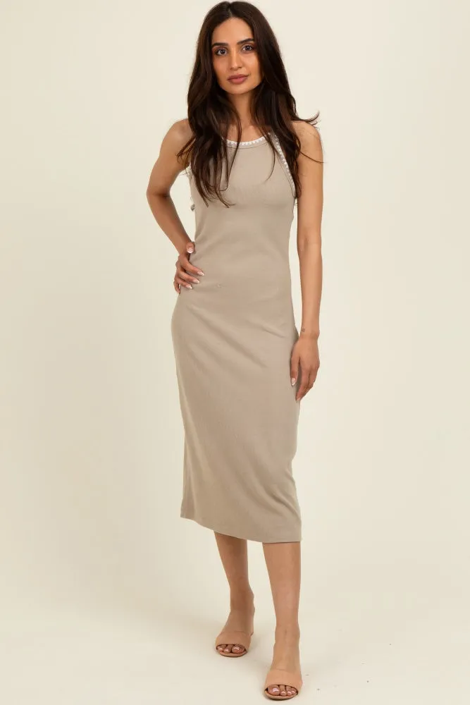 Taupe Ribbed Knit Embroidered Maternity Midi Dress sold by Pinkblush product image thumbnail 3