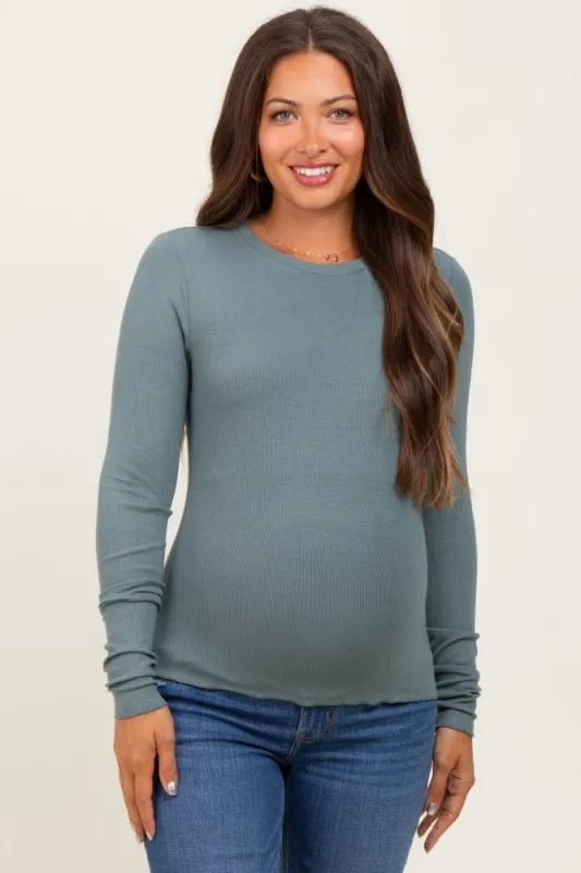 Deep Teal Basic Ribbed Knit Long Sleeve Maternity Top sold by Pinkblush