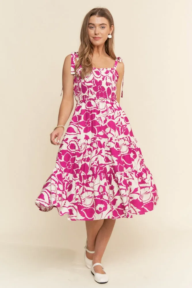 Fuchsia Bloom Floral Print Tie Strap Smocked Tiered Dress sold by Pinkblush