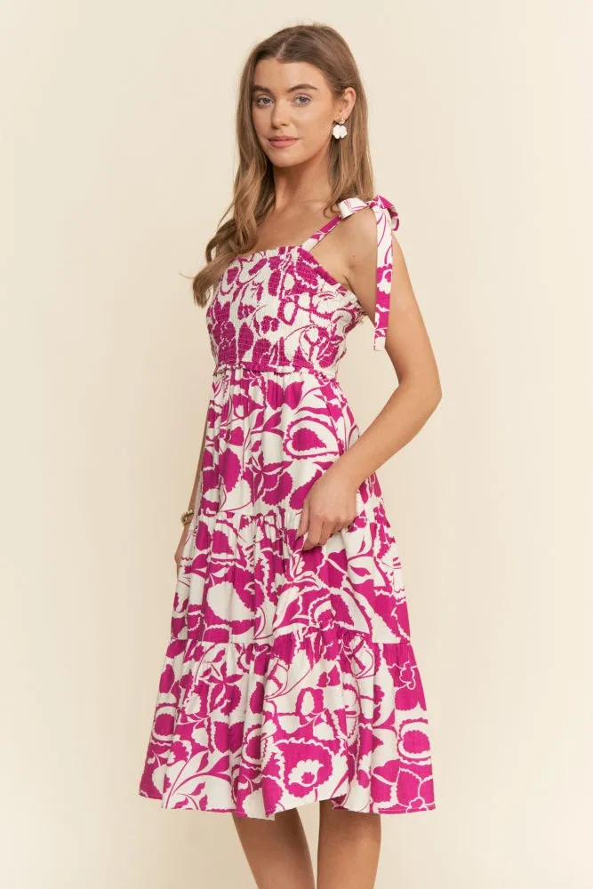 Fuchsia Bloom Floral Print Tie Strap Smocked Tiered Dress sold by Pinkblush product image thumbnail 5