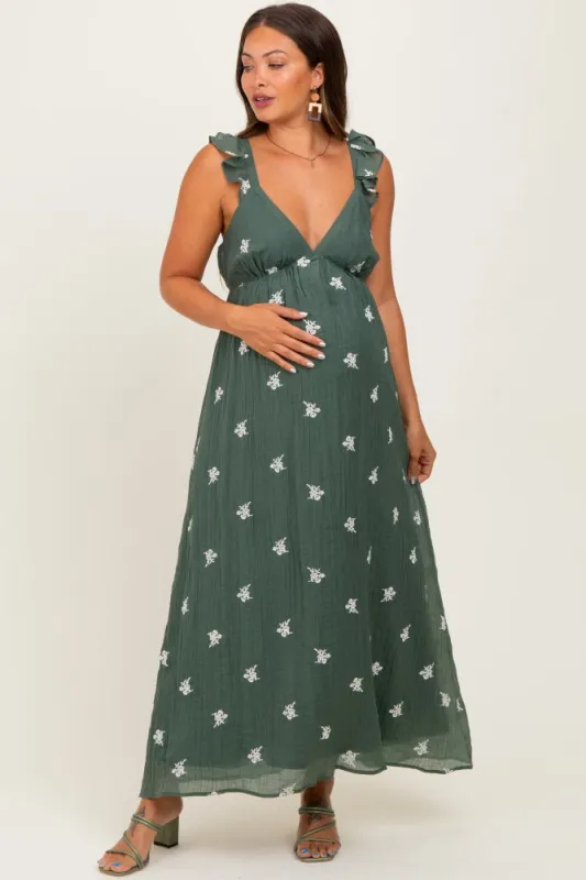 Forest Green Floral Embroidered V-Neck Maternity Midi Dress sold by Pinkblush