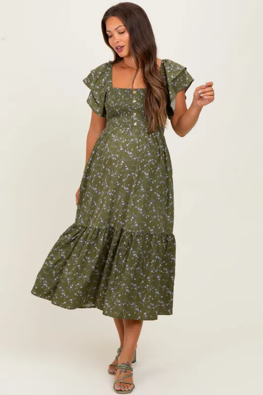 Olive Floral Smocked Flutter Sleeve Maternity Midi Dress sold by Pinkblush