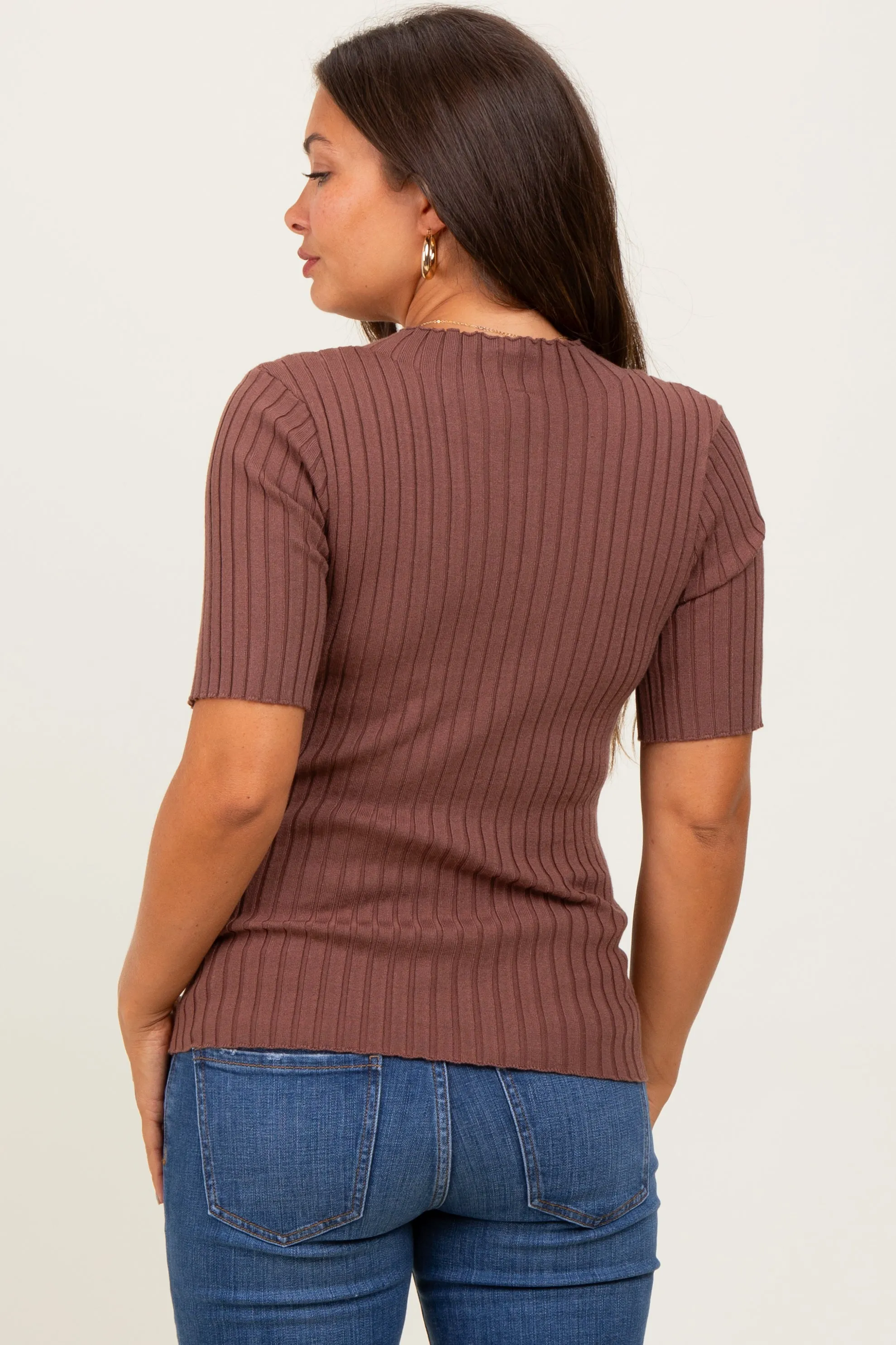 Mocha Ribbed Mock Neck Knit Maternity Short Sleeve Top sold by Pinkblush product image thumbnail 4
