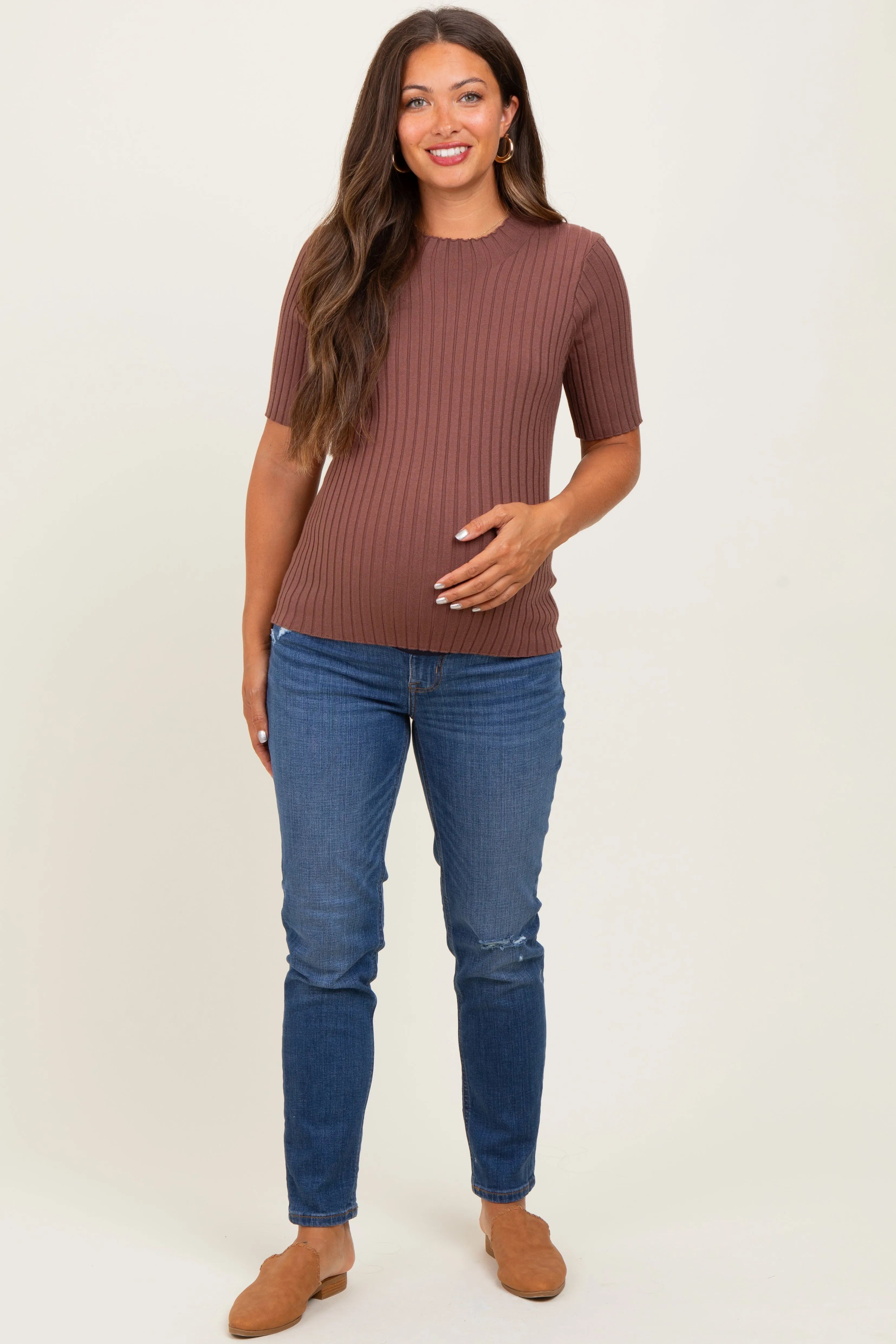 Mocha Ribbed Mock Neck Knit Maternity Short Sleeve Top sold by Pinkblush product image thumbnail 2