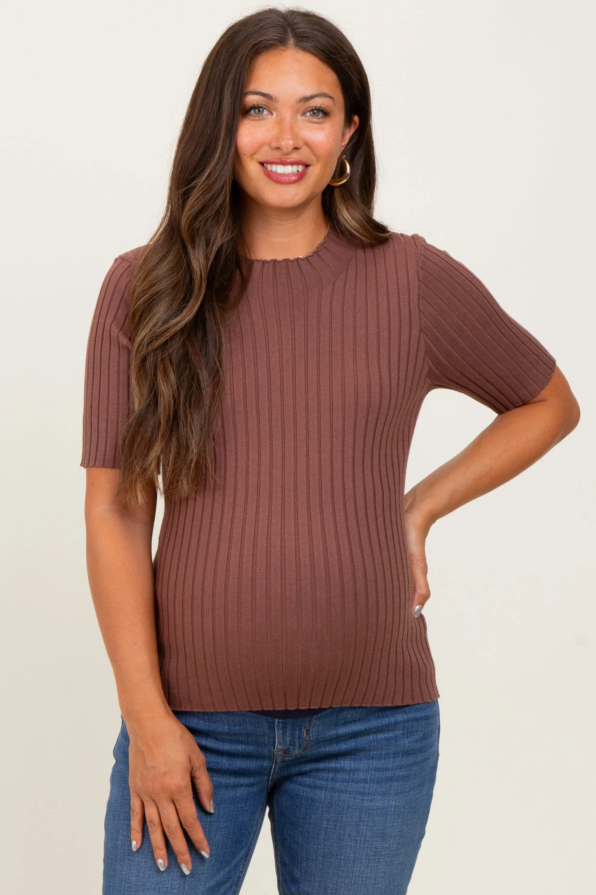 Mocha Ribbed Mock Neck Knit Maternity Short Sleeve Top sold by Pinkblush