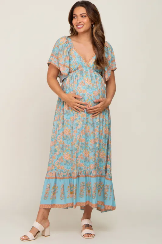 Aqua Floral Print Wrap V-Neck Maternity Midi Dress sold by Pinkblush