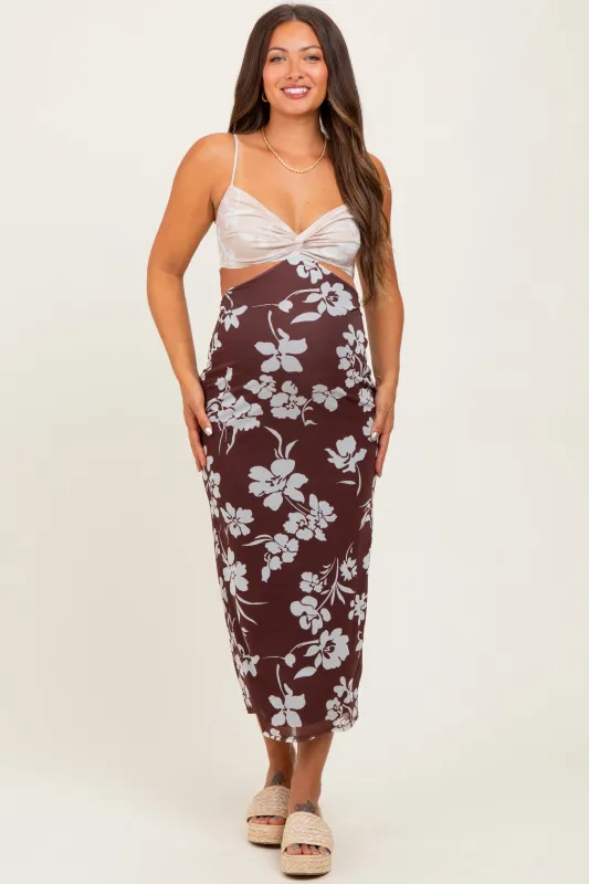 Brown Colorblock Floral Cutout Sleeveless Maternity Maxi Dress sold by Pinkblush