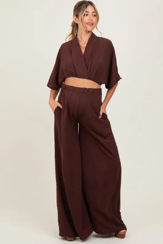 Brown Crop Blouse Wide Leg Pant Maternity Set sold by Pinkblush