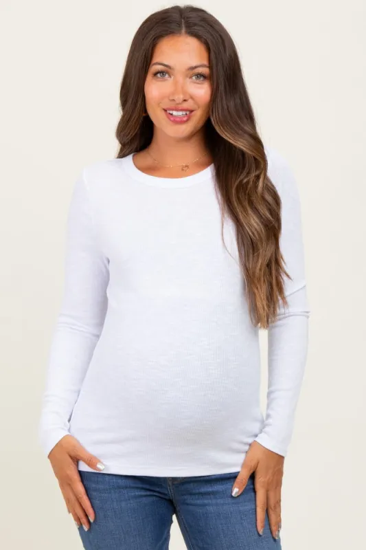 White Ribbed Long Sleeve Maternity Top sold by Pinkblush