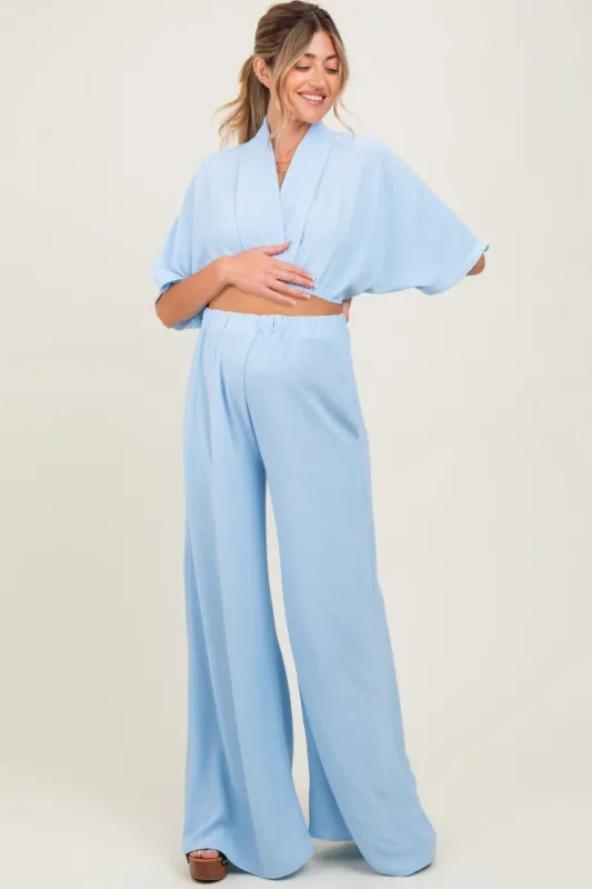 Blue Crop Blouse Wide Leg Pant Maternity Set sold by Pinkblush