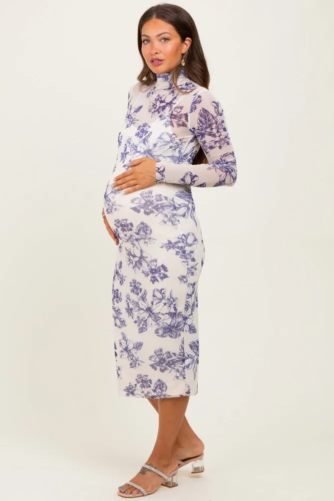Ivory Floral Mesh Mock Neck Long Sleeve Maternity Midi Dress sold by Pinkblush product image thumbnail 3