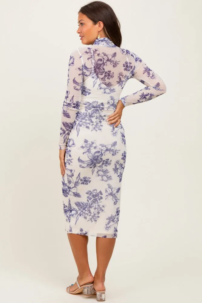 Ivory Floral Mesh Mock Neck Long Sleeve Maternity Midi Dress sold by Pinkblush product image thumbnail 4