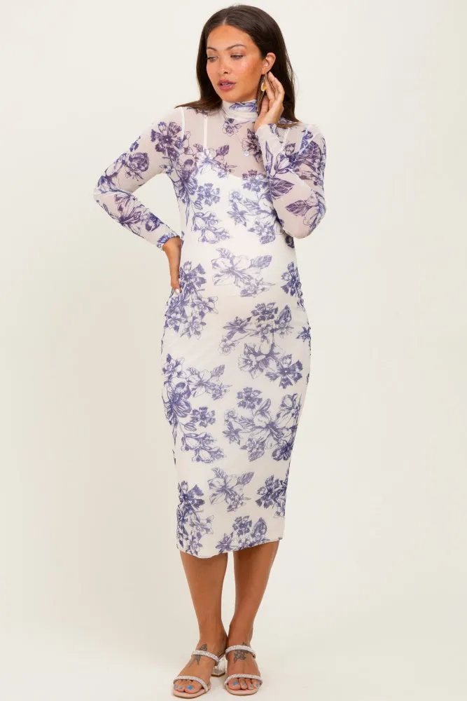 Ivory Floral Mesh Mock Neck Long Sleeve Maternity Midi Dress sold by Pinkblush