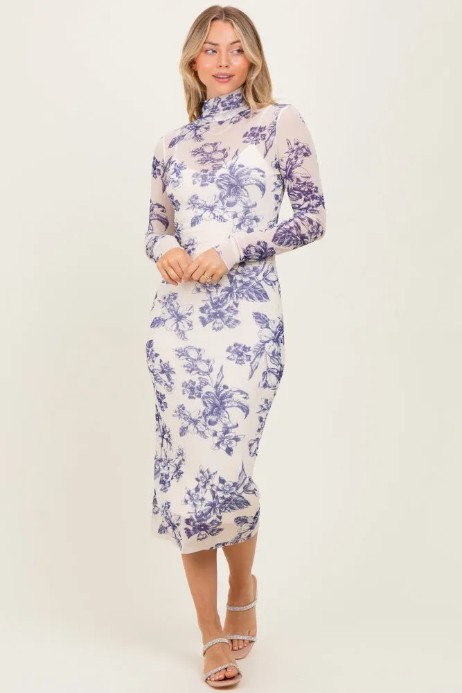 Ivory Floral Mesh Mock Neck Long Sleeve Maternity Midi Dress sold by Pinkblush product image thumbnail 5