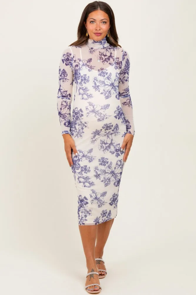 Ivory Floral Mesh Mock Neck Long Sleeve Maternity Midi Dress sold by Pinkblush product image thumbnail 2