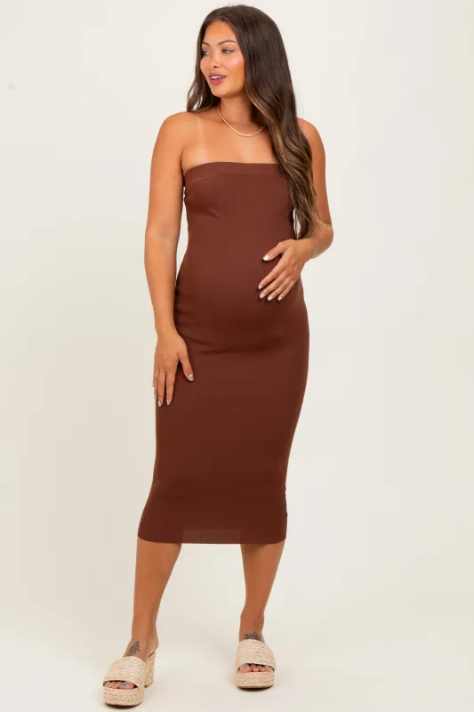 Brown Fitted Tube Knit Maternity Midi Dress sold by Pinkblush