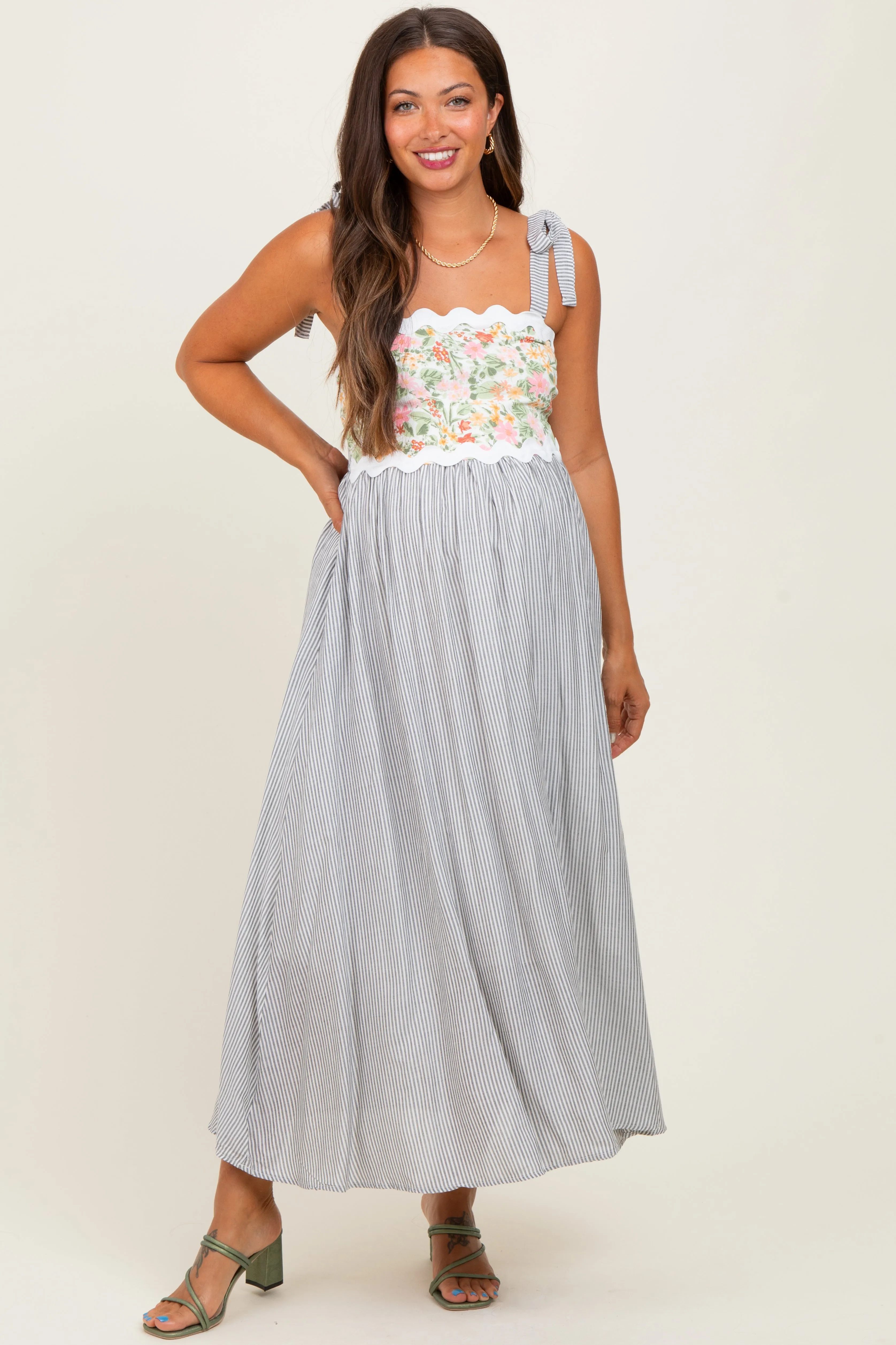 Grey Floral Striped Sleeveless Shoulder Tie Maternity Midi Dress sold by Pinkblush