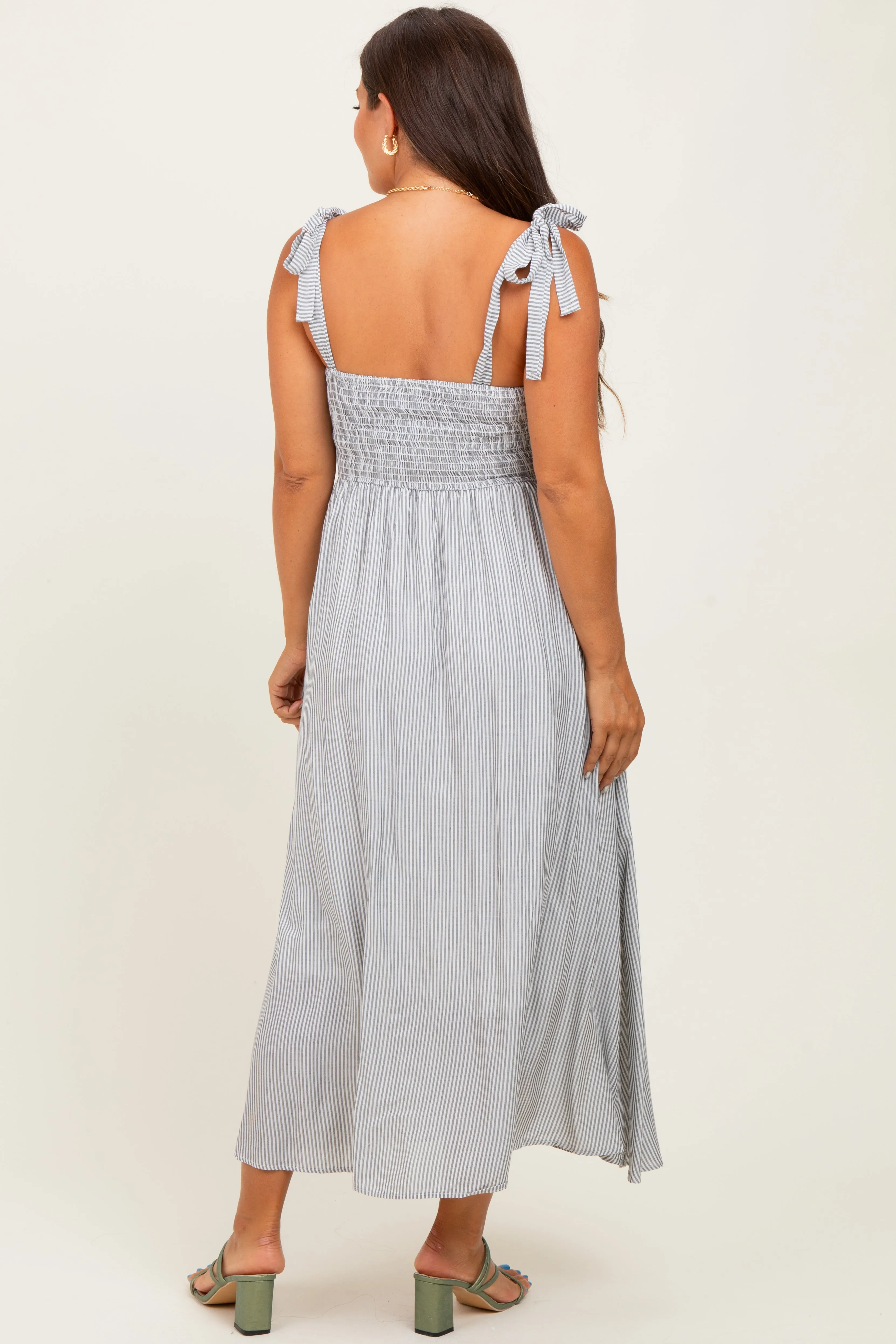 Grey Floral Striped Sleeveless Shoulder Tie Maternity Midi Dress sold by Pinkblush product image thumbnail 3