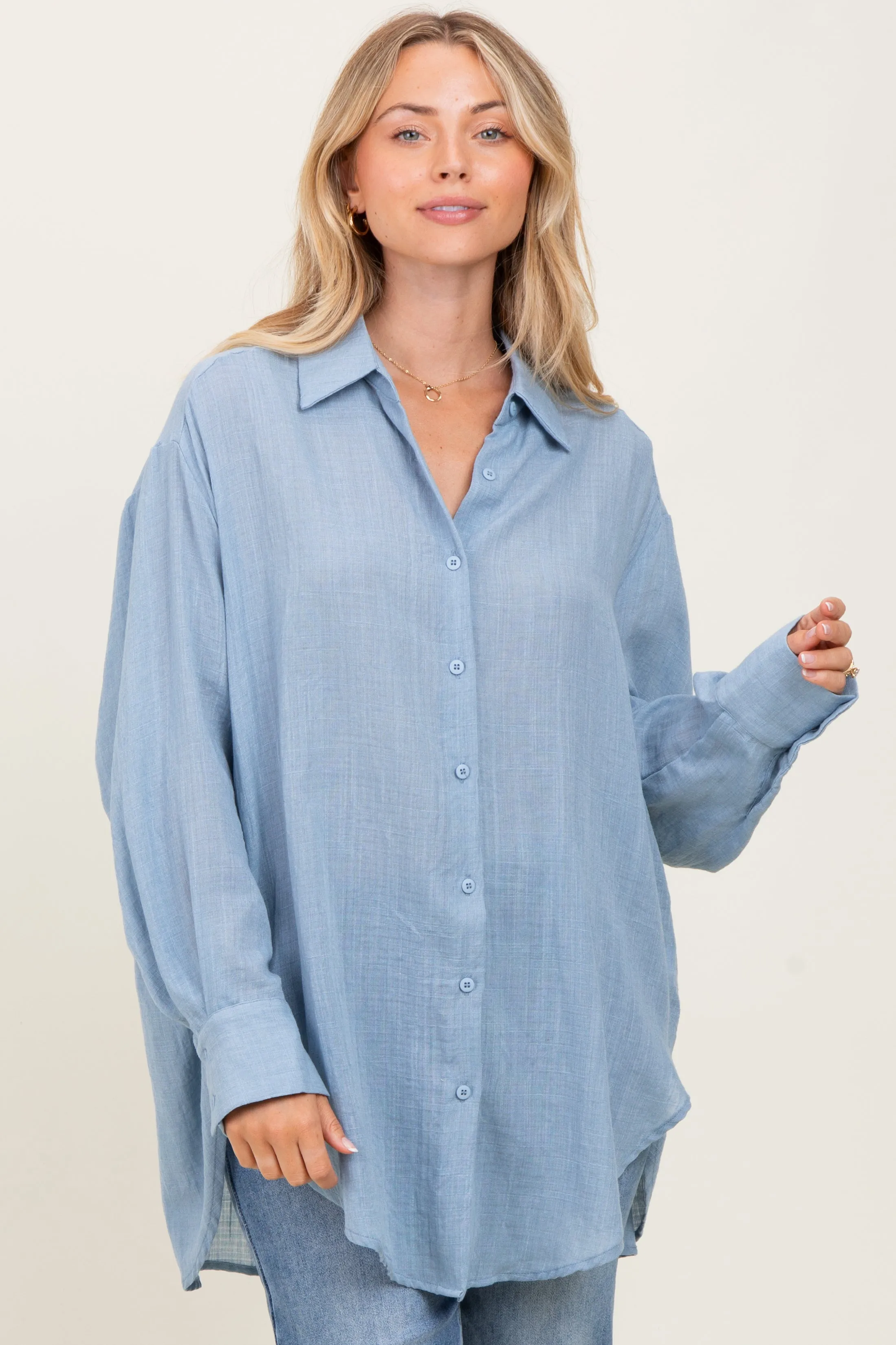 Blue Long Sleeve Collared Button Down Shirt sold by Pinkblush
