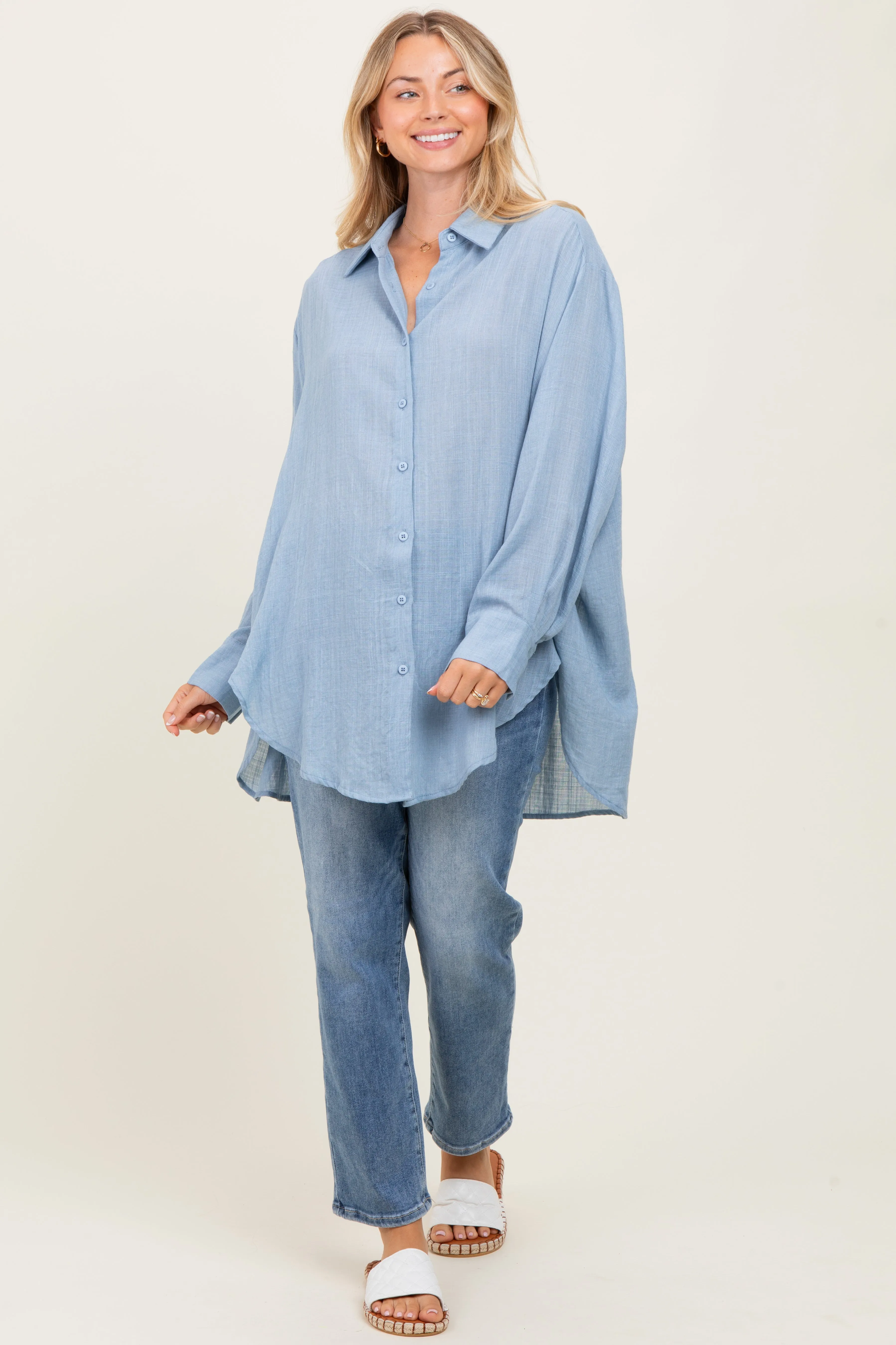 Blue Long Sleeve Collared Button Down Shirt sold by Pinkblush product image thumbnail 2