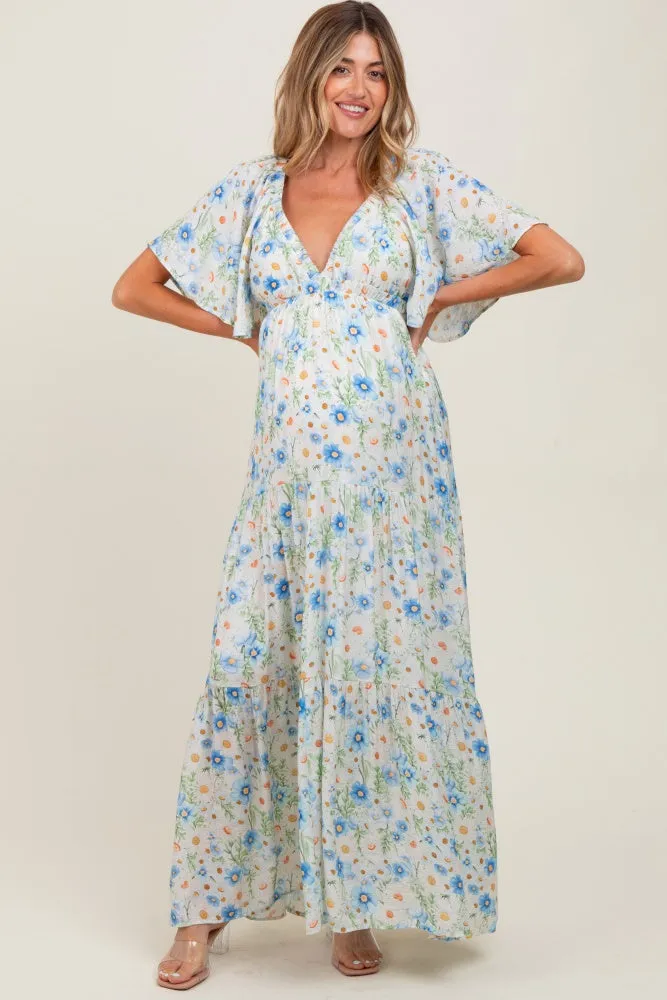 Blue Floral V-Neck Flowy Tiered Maternity Maxi Dress sold by Pinkblush product image thumbnail 2