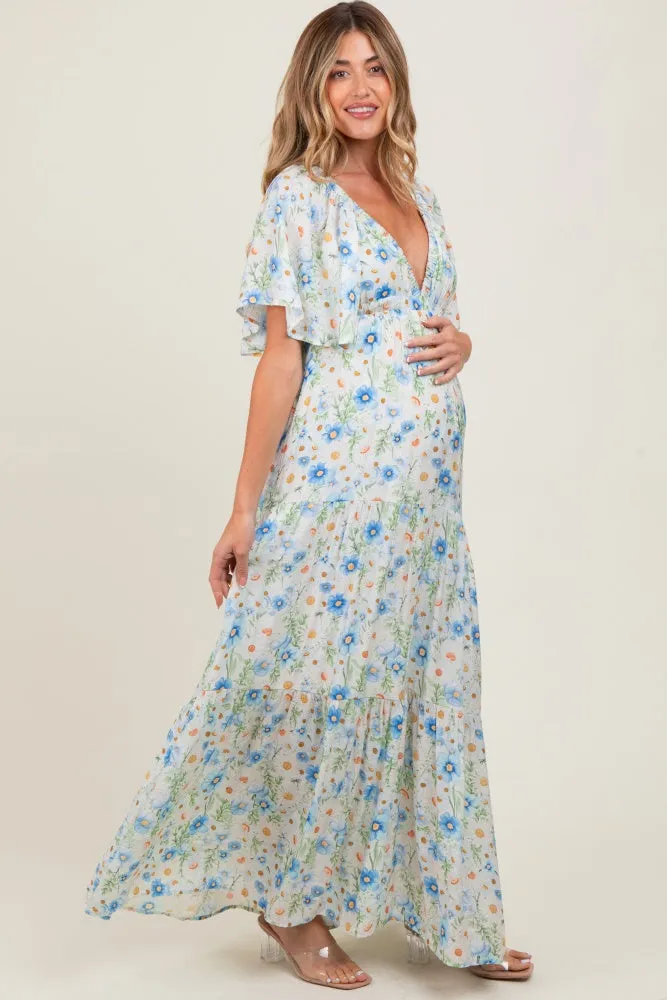 Blue Floral V-Neck Flowy Tiered Maternity Maxi Dress sold by Pinkblush product image thumbnail 3