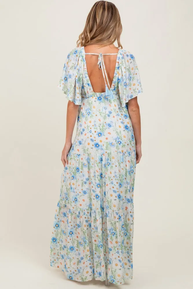 Blue Floral V-Neck Flowy Tiered Maternity Maxi Dress sold by Pinkblush product image thumbnail 4