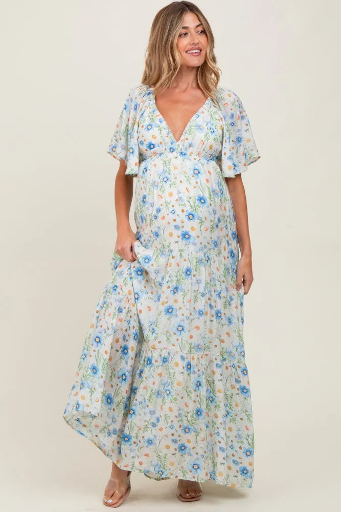 Blue Floral V-Neck Flowy Tiered Maternity Maxi Dress sold by Pinkblush