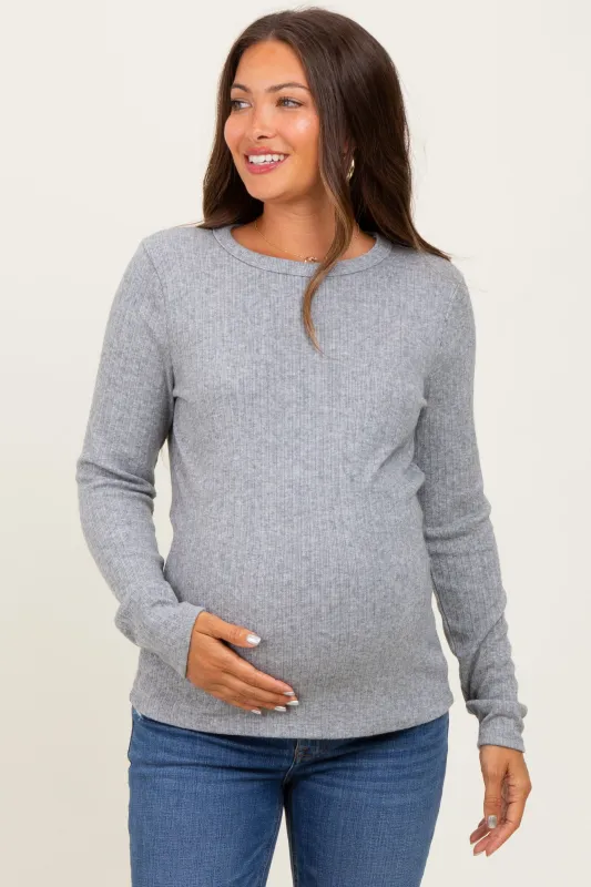 Heather Grey Ribbed Knit Maternity Long Sleeve Top sold by Pinkblush
