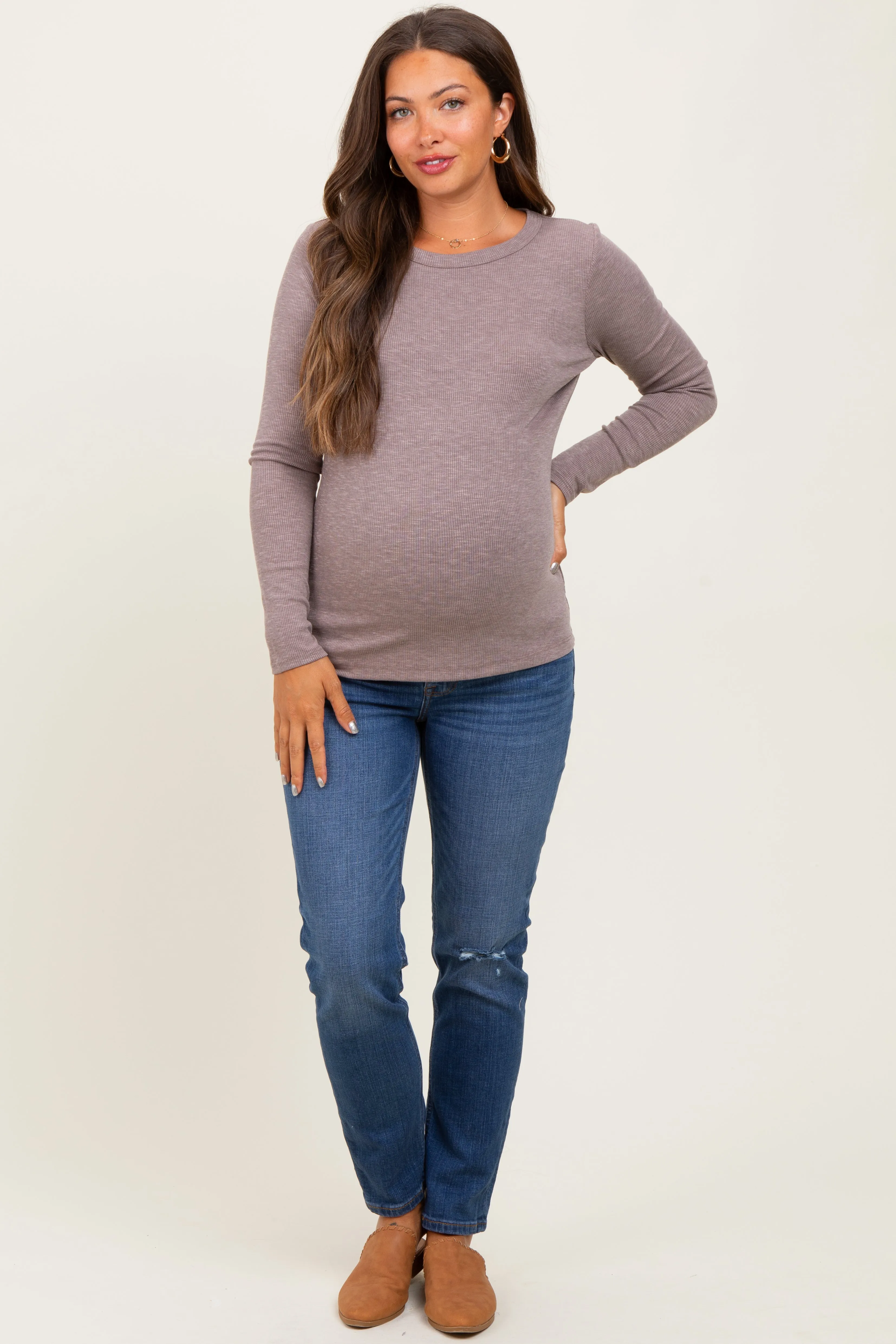 Mocha Ribbed Long Sleeve Maternity Top sold by Pinkblush product image thumbnail 2