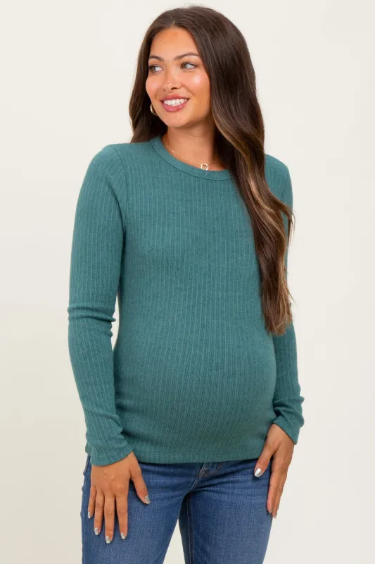 Deep Teal Ribbed Knit Maternity Long Sleeve Top sold by Pinkblush