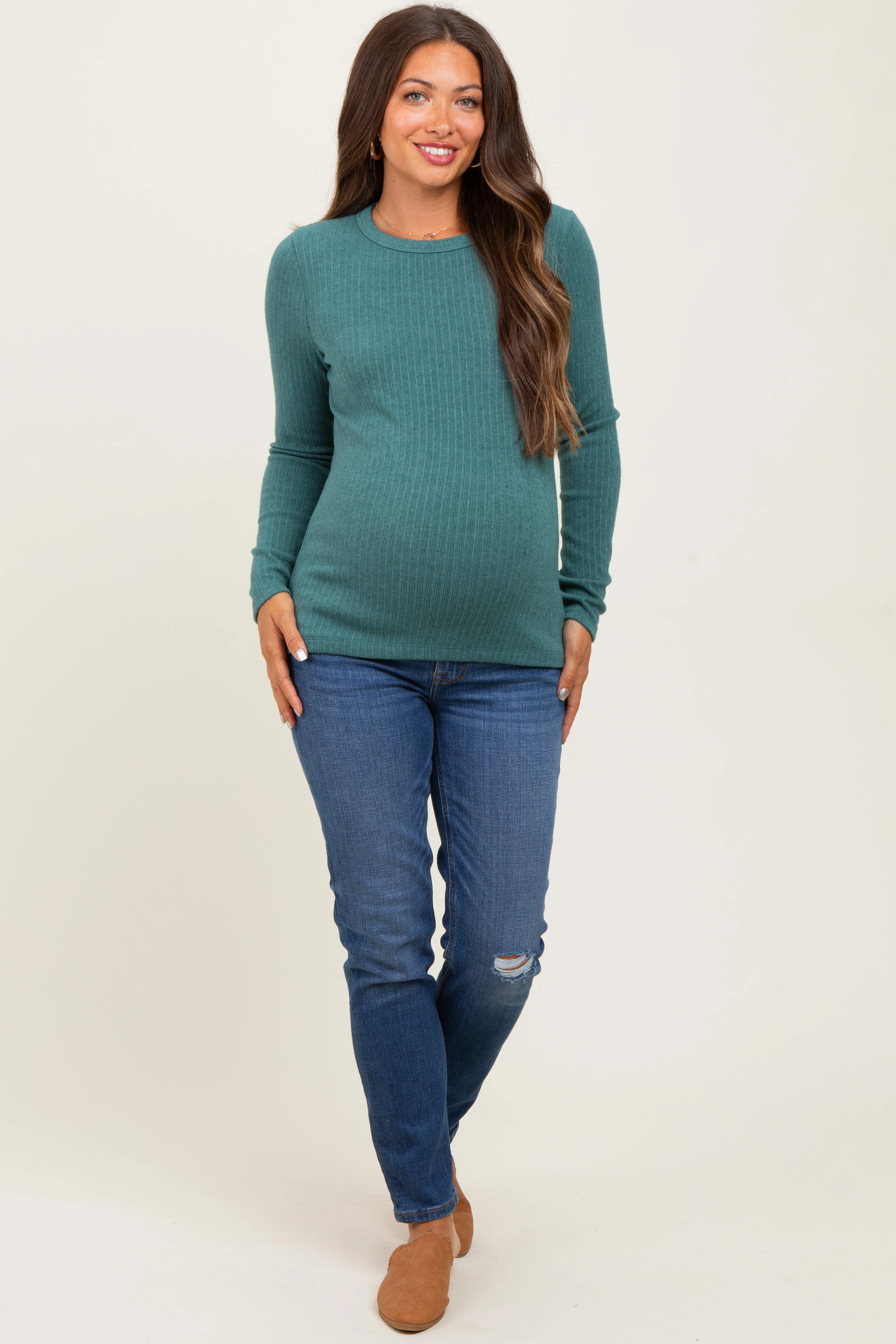 Deep Teal Ribbed Knit Maternity Long Sleeve Top sold by Pinkblush product image thumbnail 2