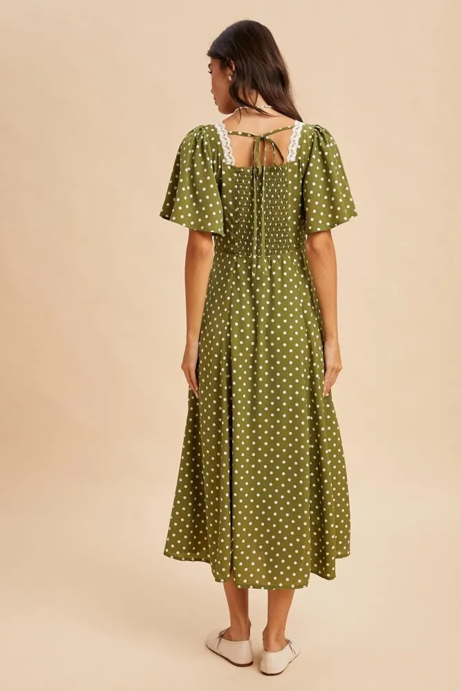 Olive Polka Dot Lace Trim Maxi Dress sold by Pinkblush product image thumbnail 4
