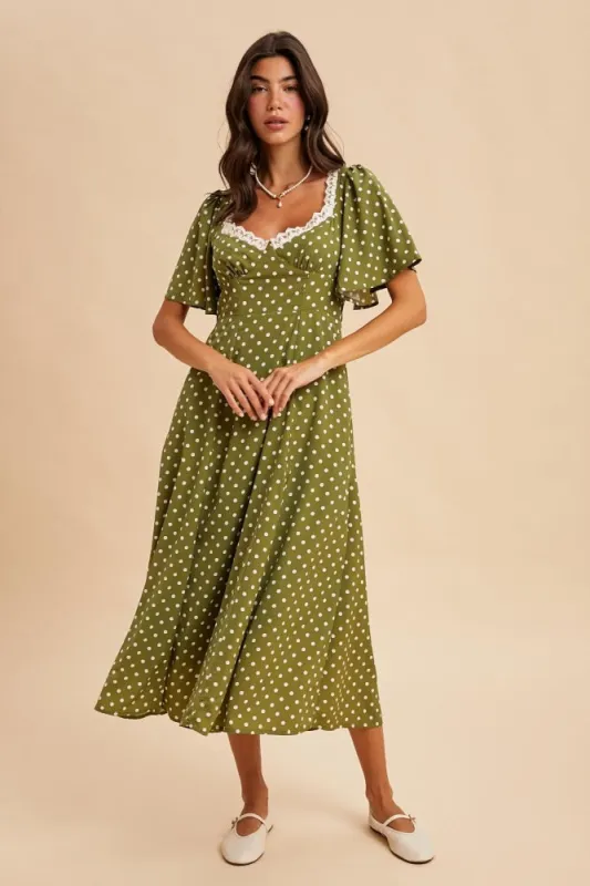 Olive Polka Dot Lace Trim Maxi Dress sold by Pinkblush
