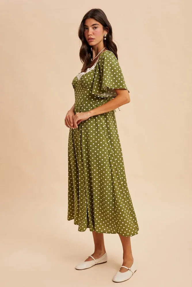 Olive Polka Dot Lace Trim Maxi Dress sold by Pinkblush product image thumbnail 3