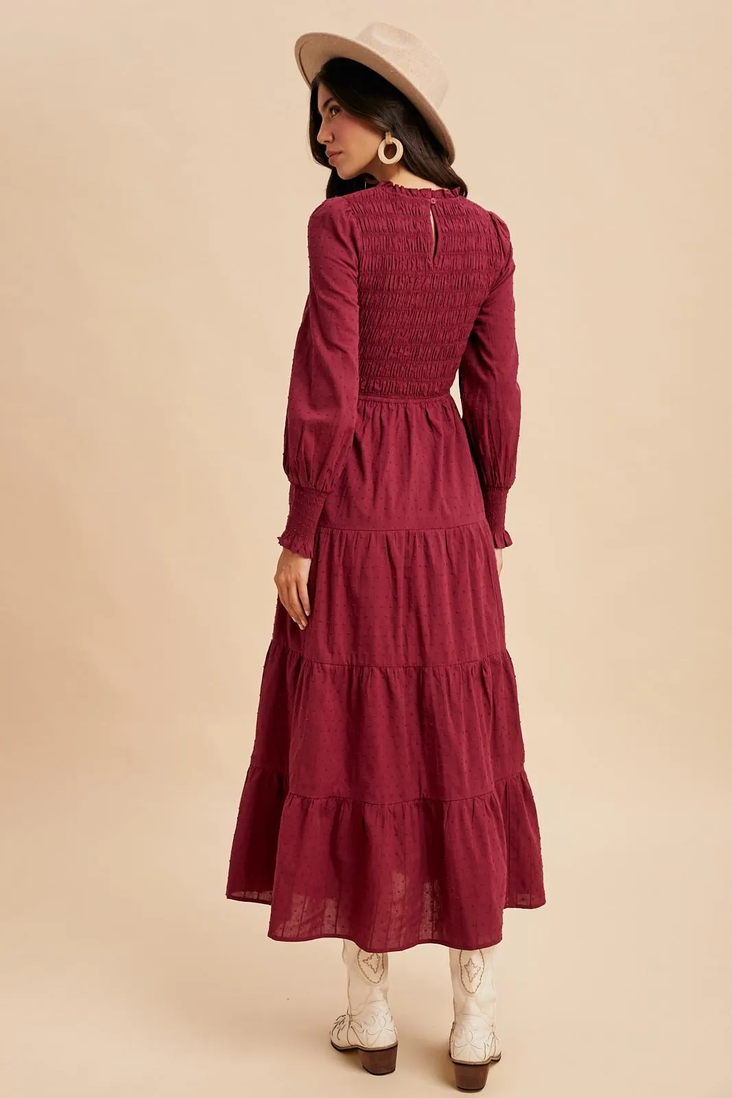 Burgundy Swiss Dot Smocked Tiered Maxi Dress sold by Pinkblush product image thumbnail 5