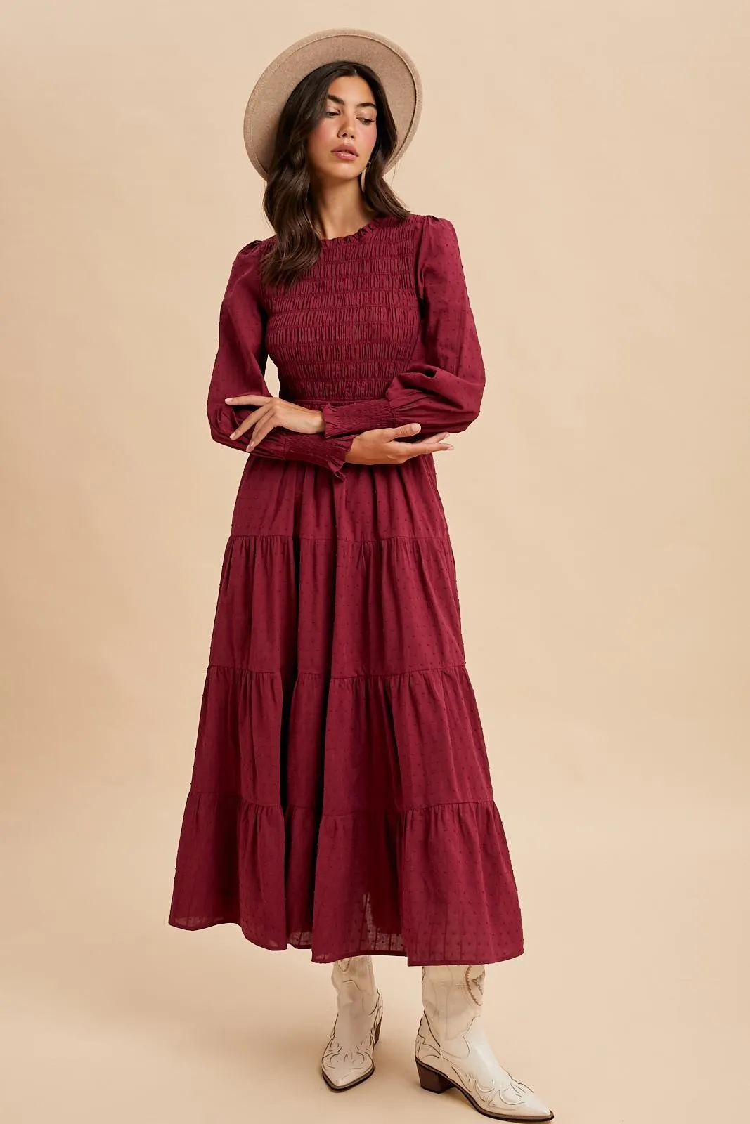 Burgundy Swiss Dot Smocked Tiered Maxi Dress sold by Pinkblush product image thumbnail 2