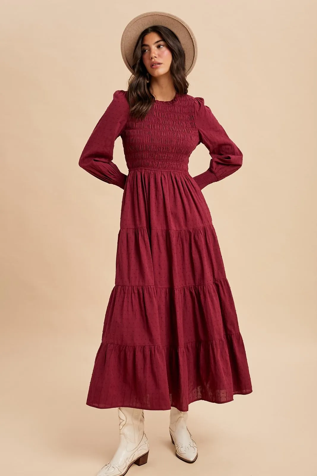 Burgundy Swiss Dot Smocked Tiered Maxi Dress sold by Pinkblush product image thumbnail 3