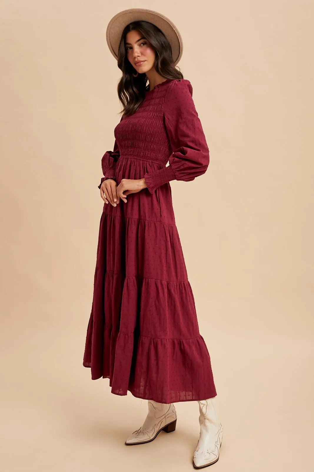 Burgundy Swiss Dot Smocked Tiered Maxi Dress sold by Pinkblush product image thumbnail 4