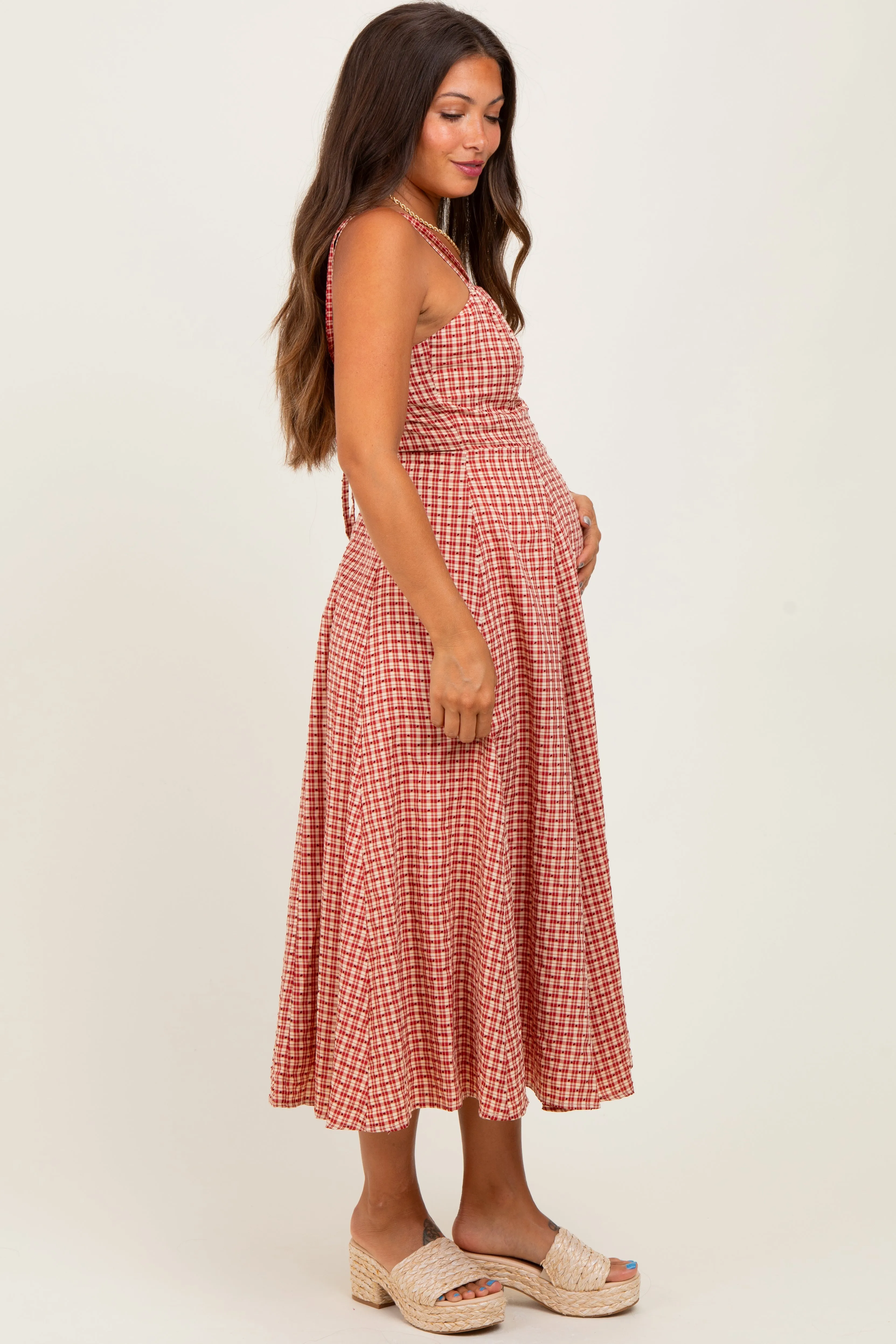 Red Plaid Double Strap Sleeveless Maternity Midi Dress sold by Pinkblush product image thumbnail 3