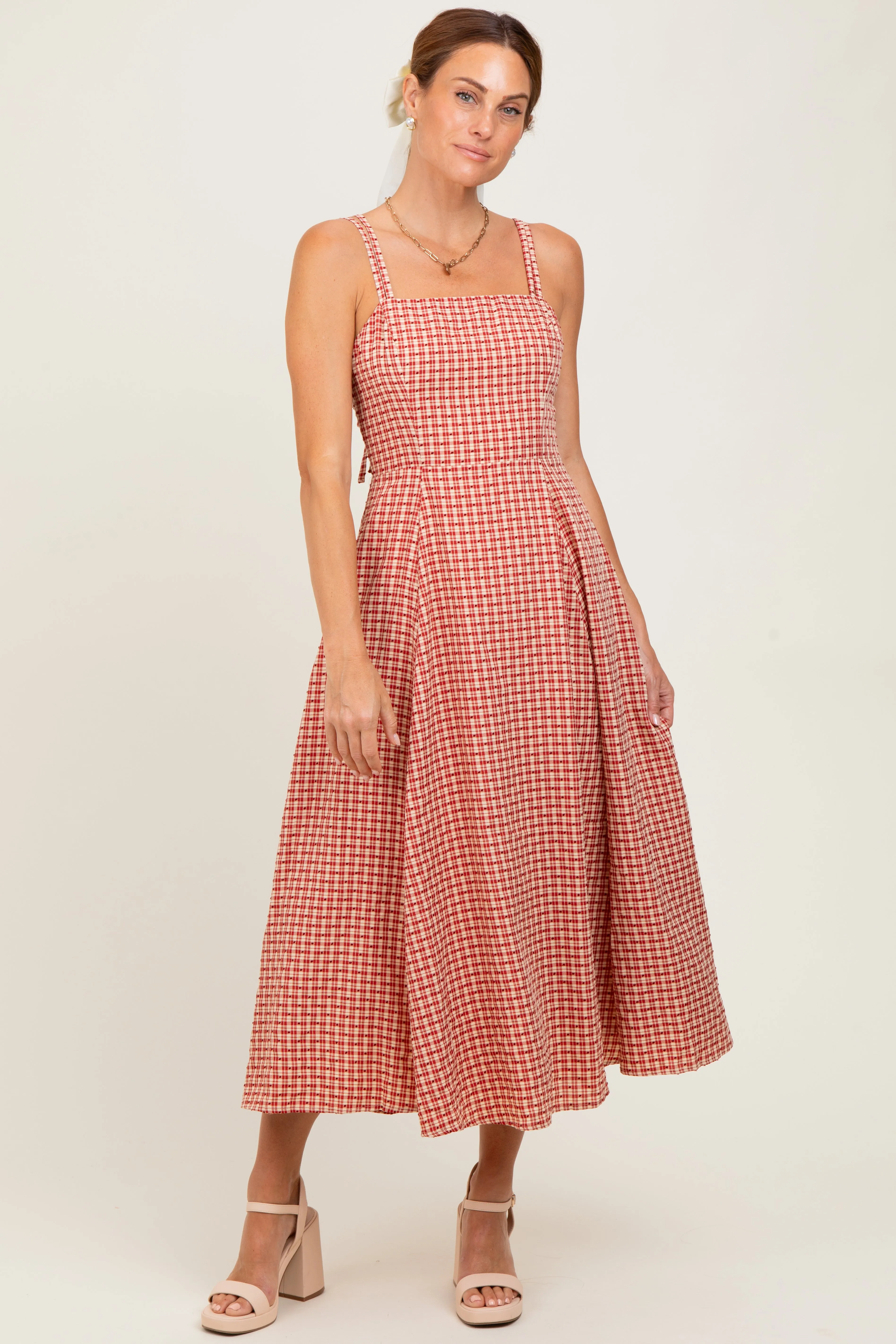 Red Plaid Double Strap Sleeveless Maternity Midi Dress sold by Pinkblush product image thumbnail 5