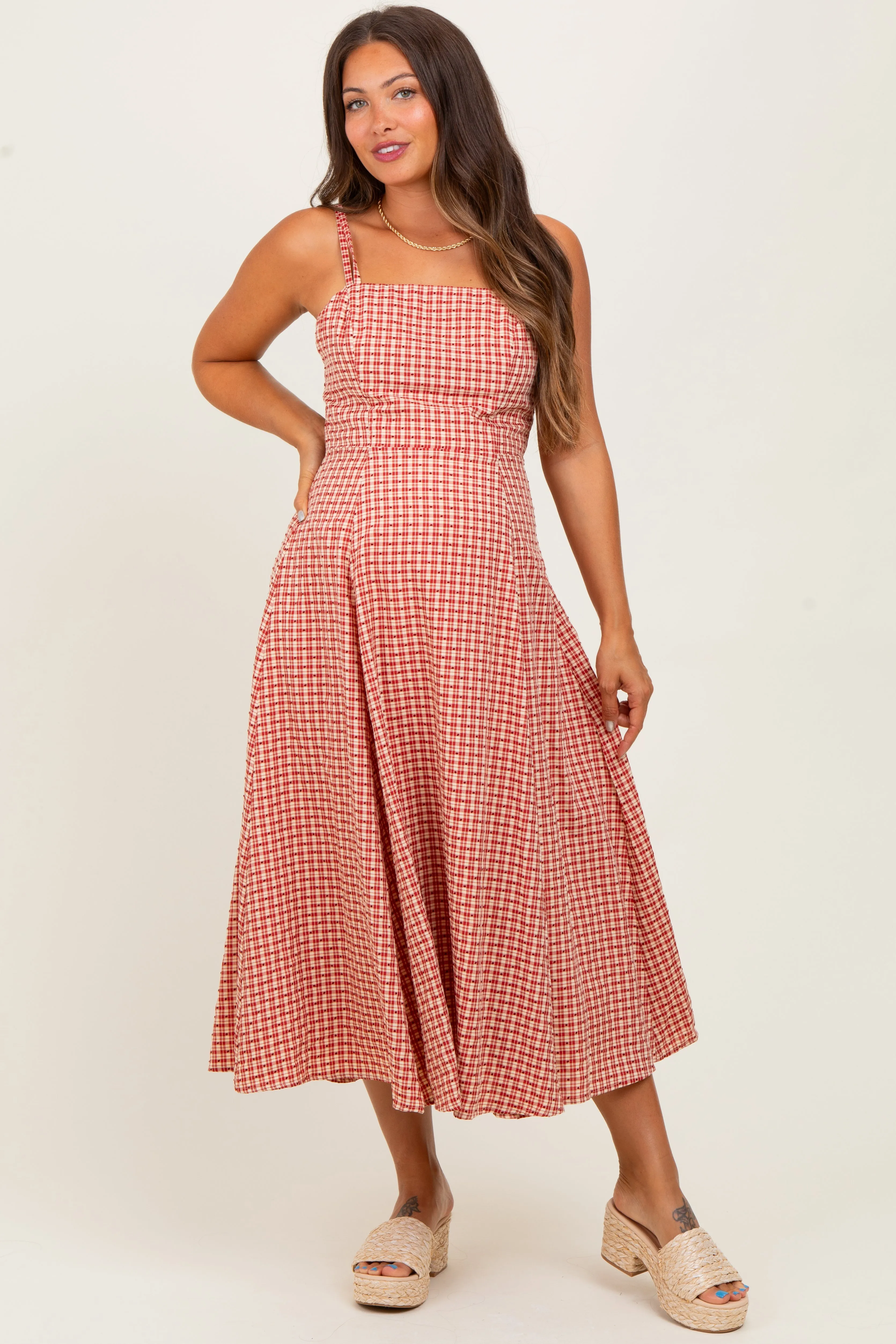 Red Plaid Double Strap Sleeveless Maternity Midi Dress sold by Pinkblush product image thumbnail 2