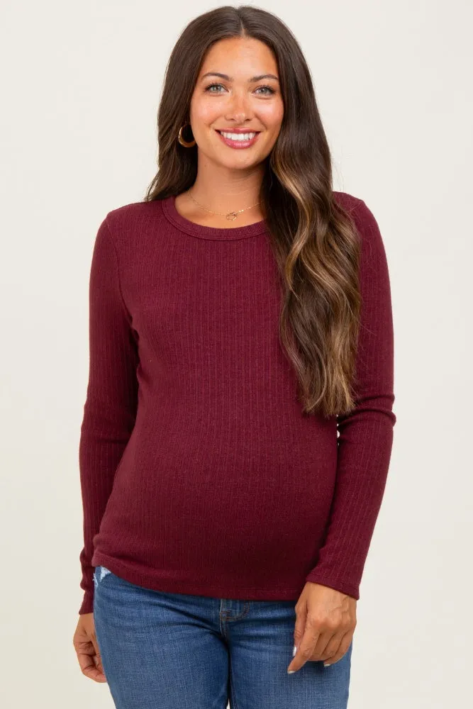 Burgundy Ribbed Knit Maternity Long Sleeve Top sold by Pinkblush