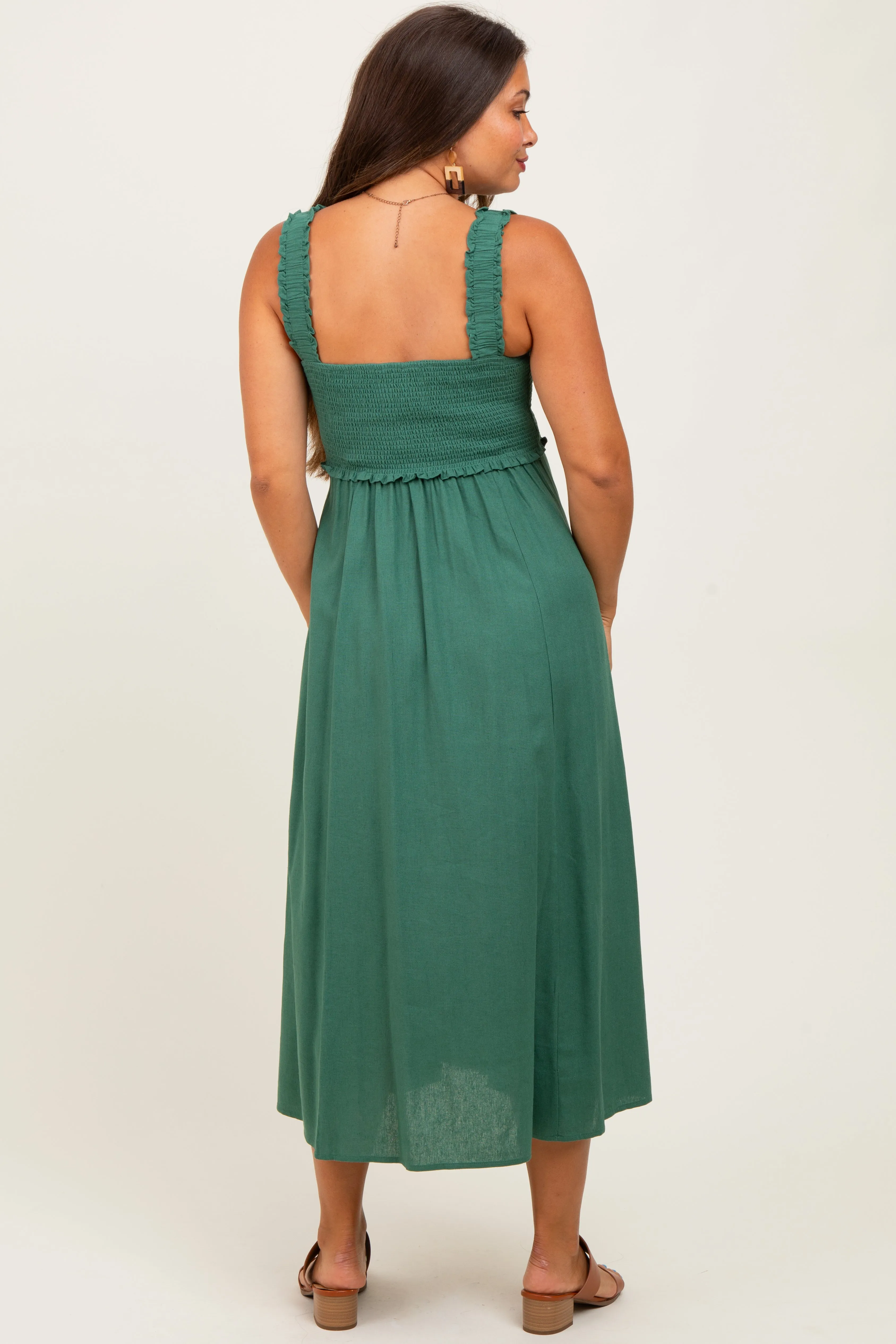 Green Smocked Sleeveless Button Down Maternity Midi Dress sold by Pinkblush product image thumbnail 3