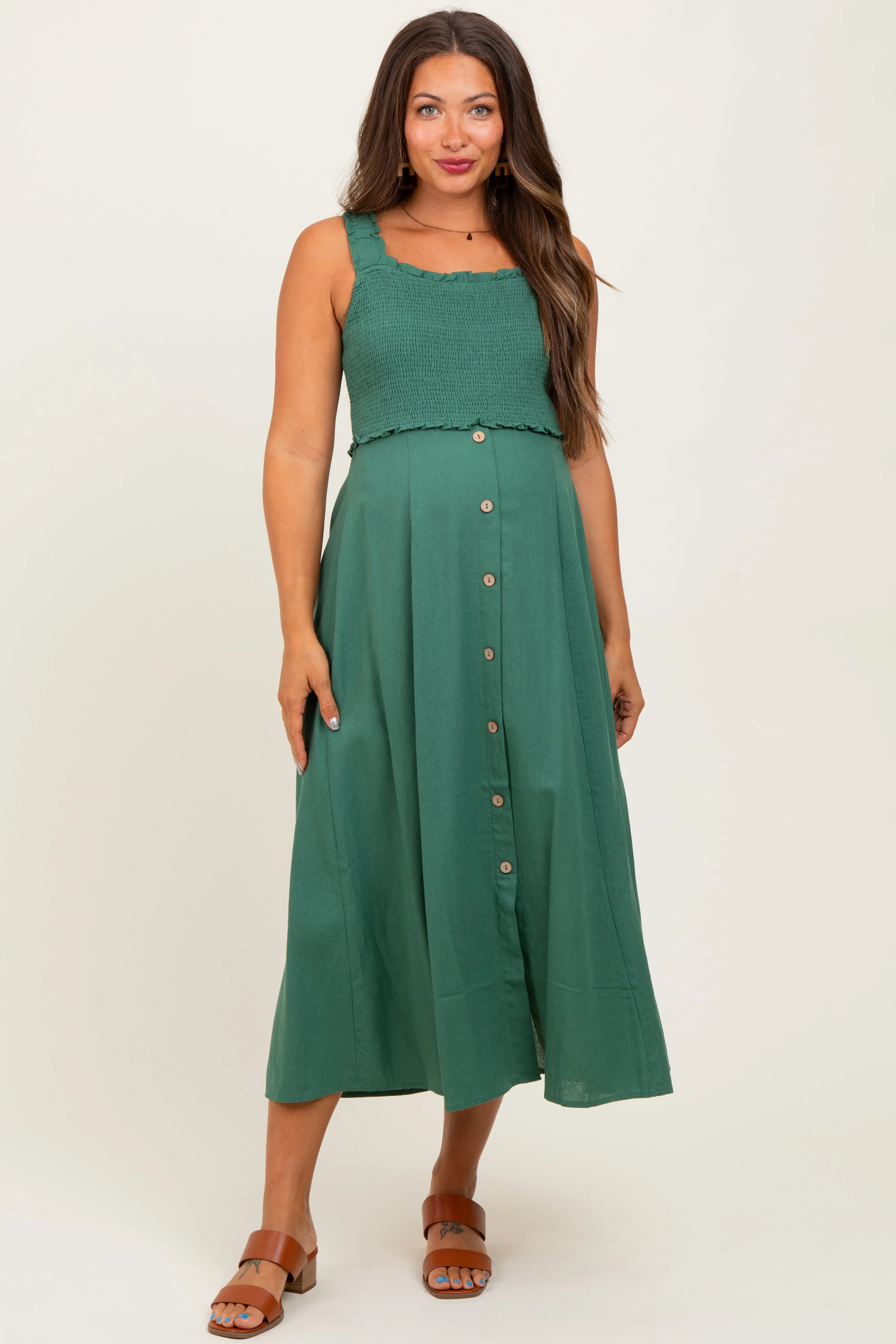 Green Smocked Sleeveless Button Down Maternity Midi Dress sold by Pinkblush