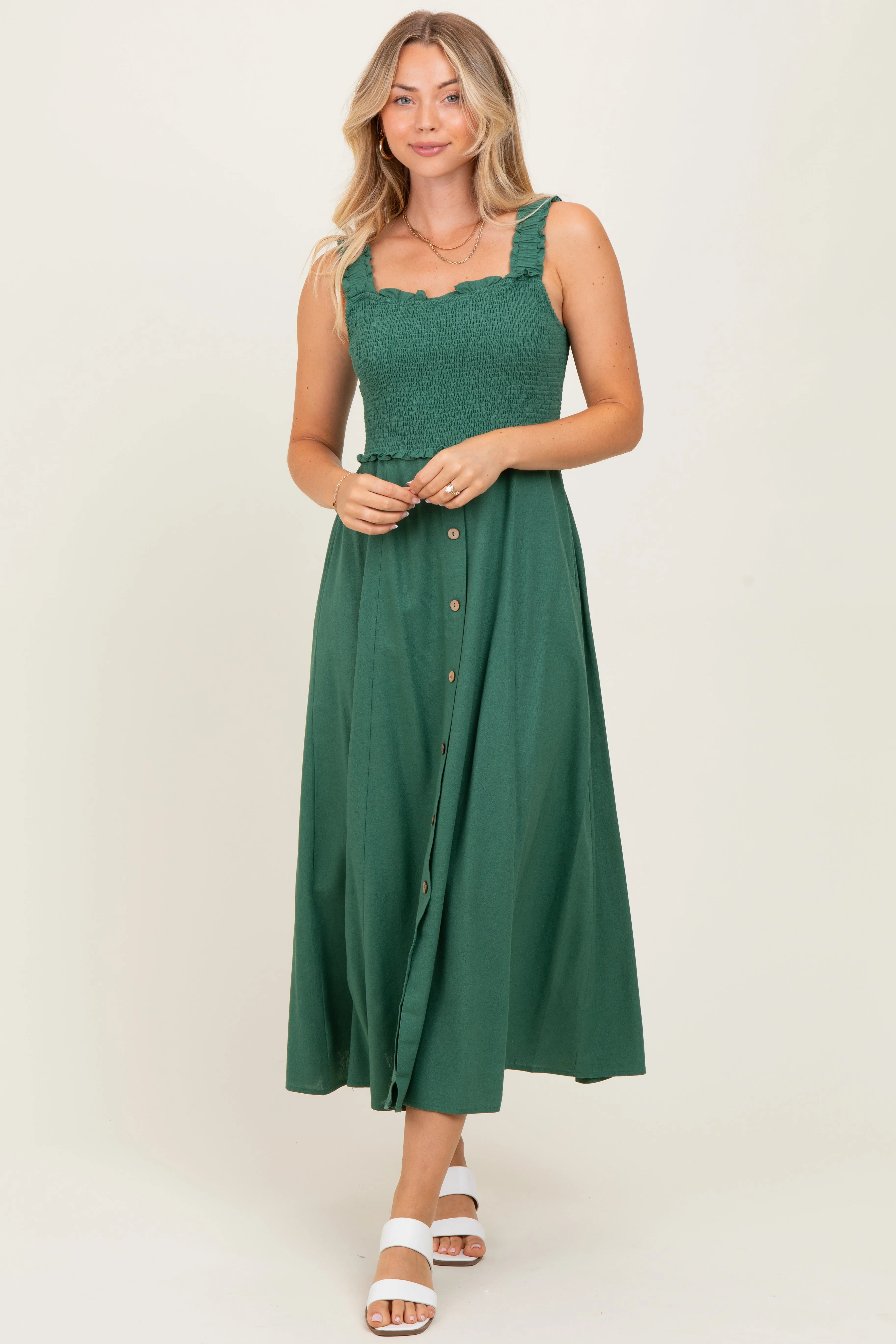 Green Smocked Sleeveless Button Down Maternity Midi Dress sold by Pinkblush product image thumbnail 4