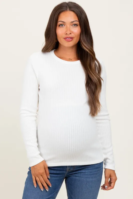 Ivory Ribbed Knit Maternity Long Sleeve Top sold by Pinkblush