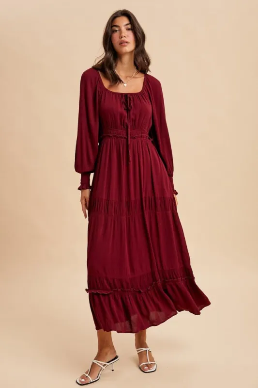 Burgundy Square Neck Long Sleeve Maxi Dress sold by Pinkblush