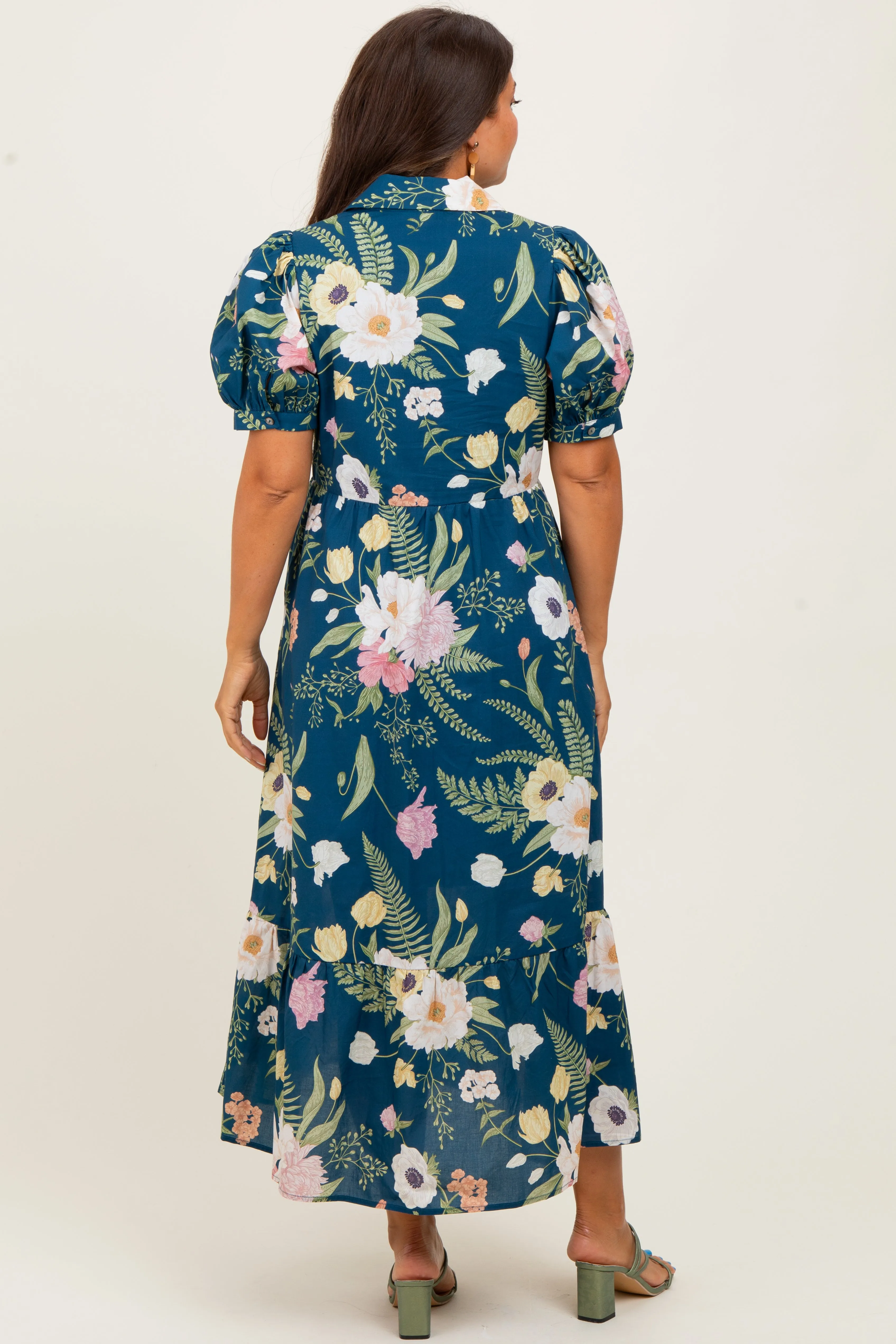 Deep Teal Floral Puff Sleeve Button Down Maternity Midi Dress sold by Pinkblush product image thumbnail 3