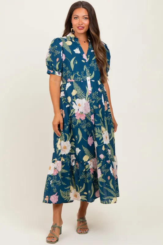 Deep Teal Floral Puff Sleeve Button Down Maternity Midi Dress sold by Pinkblush